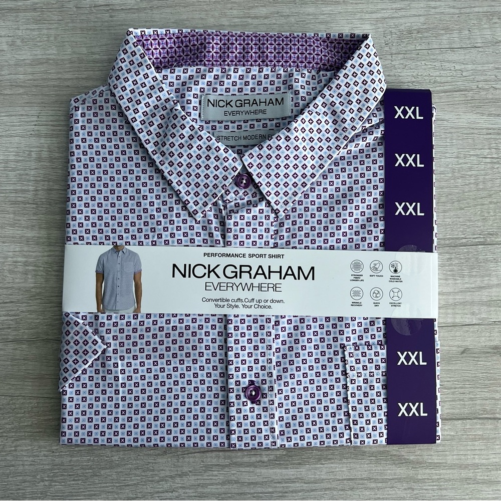Nick Graham Performance Purple Stretch Sport Short Sleeve Woven Shirt Size XXL
